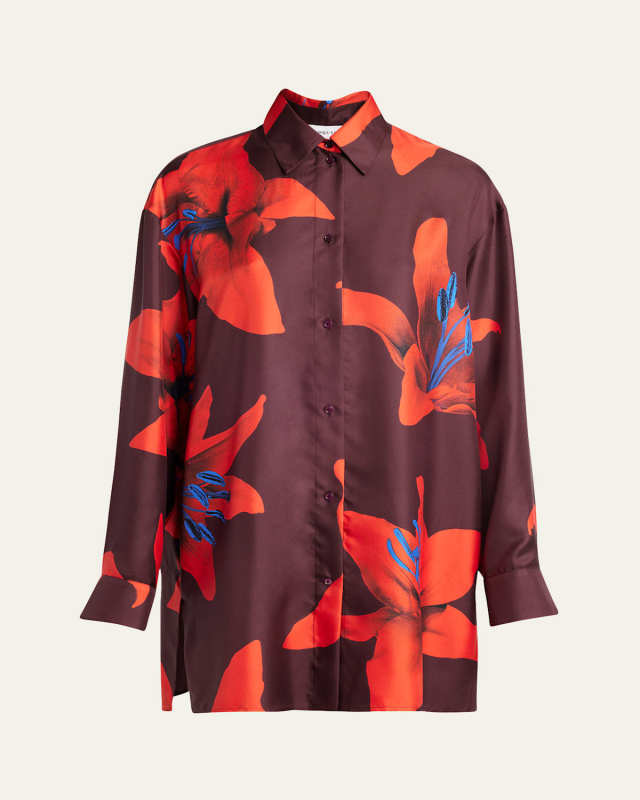 Long-Sleeve Lily-Print Silk Button-Down Shirt